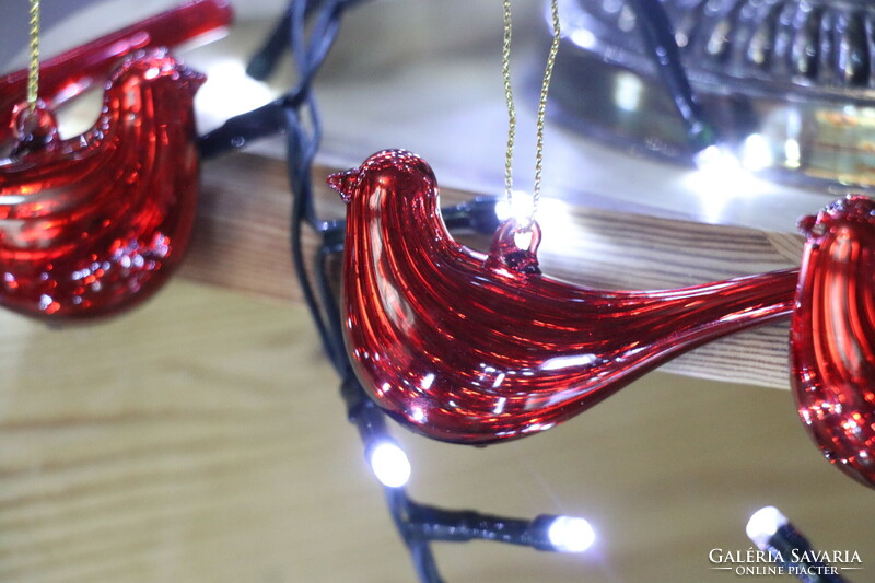 6 darab piros  színű üveg madárka karácsonyfadísz I.