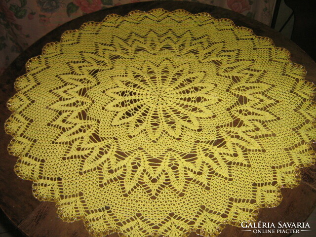 Beautiful yellow filigree handmade crocheted gold lined round lace tablecloth