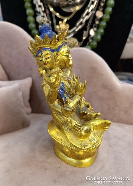 Antique Tibetan Buddhist fire gilded statue with 3 faces tara