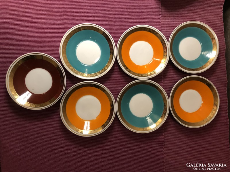 Hollóháza porcelain gilded rim colored coffee cups with coasters, 7 pcs