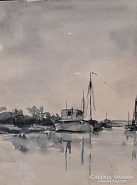 Monochrome watercolor painting with an old ship theme