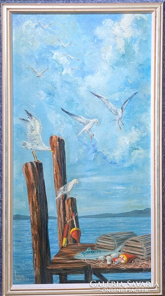 Seagulls - waterside landscape (oil painting in a nice frame) with Luisa mark - bird's eye view