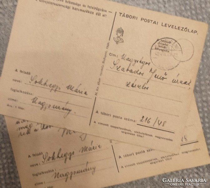 1942. Sokhegyi Mária Nagysurány tábori levél, levelek 2 db