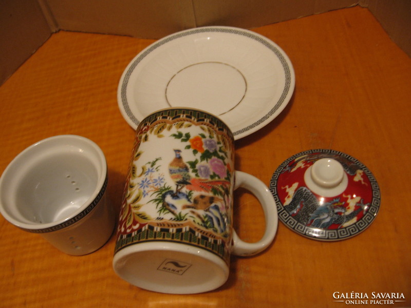 Filtered, lidded nana tea mug with pheasant Chinese pattern