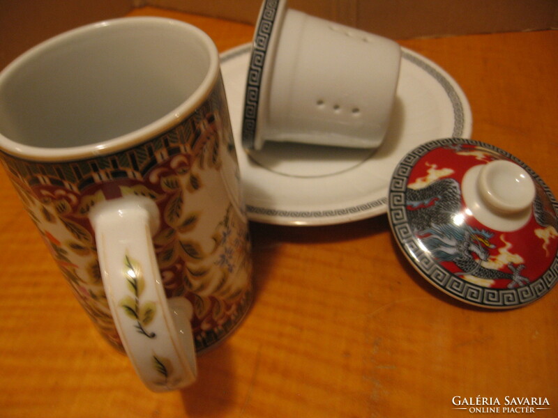 Filtered, lidded nana tea mug with pheasant Chinese pattern