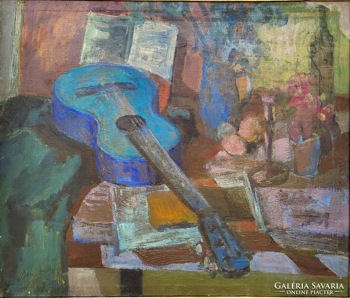 Szaniszló Dombrovszky (1928-2004) still life with guitar c. Gallery painting with original guarantee!