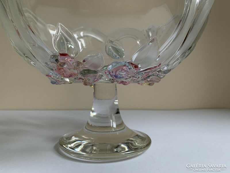 Waltherglas virágos szív formás kristály asztalközép kínáló tál, talpas kínáló kehely 22 cm x 16 cm