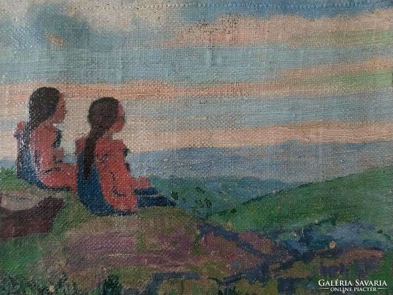Miklós Némethy - Nagybánya landscape with twins - original, damaged frame