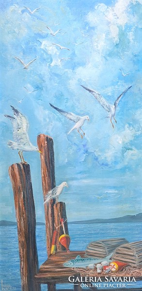 Seagulls - waterside landscape (oil painting in a nice frame) with Luisa mark - bird's eye view