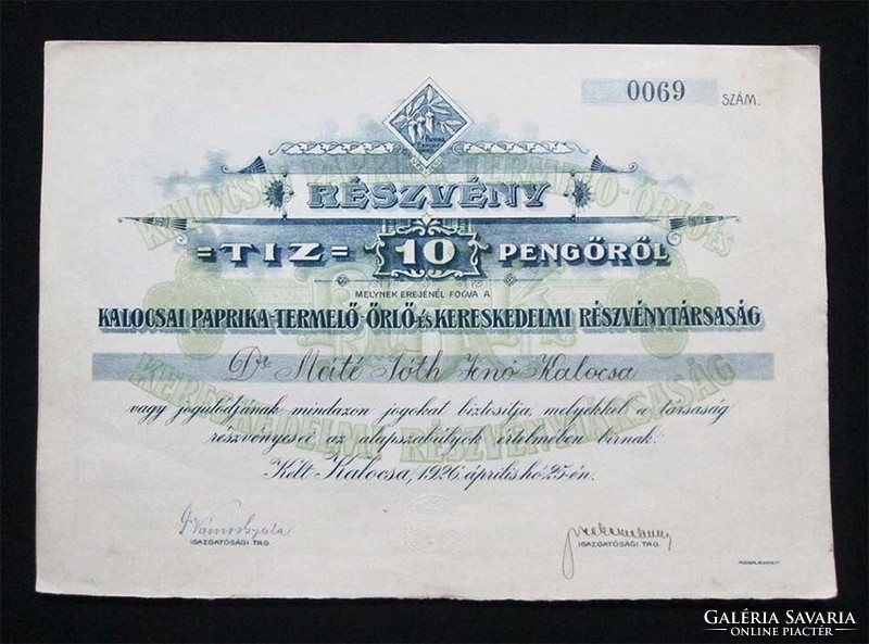 Kalocsai Paprika Termelő- Őrlő- és Kereskedelmi Rt. részvény 10 pengő 1926 - Kalocsa