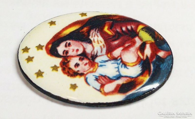 Catholic jewelry with the Madonna and baby Jesus. Fire enamel pendant. With a prayer on the back