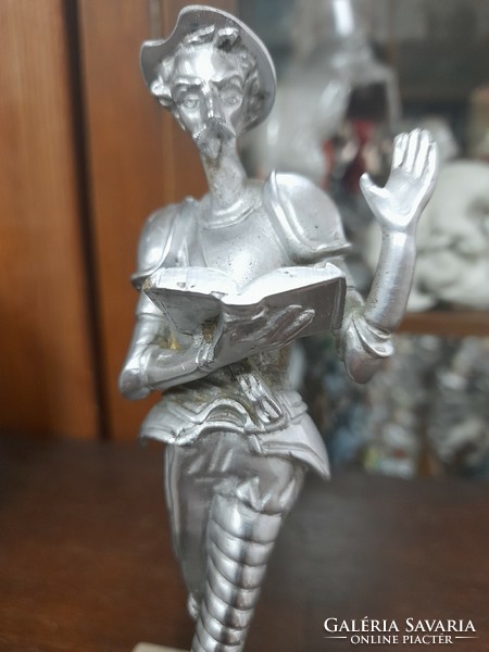 Don Quixote, cast tin/tin, metal sculpture, statue, on a marble base. 21 Cm.