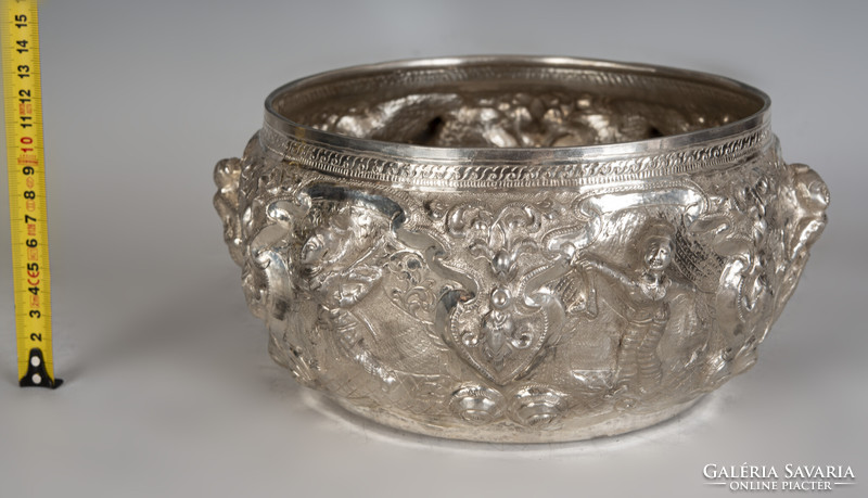 Richly decorated silver Burmese serving bowl