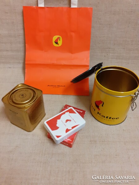 Old julius meinl record coffee box tea box paper bag and a deck of cards