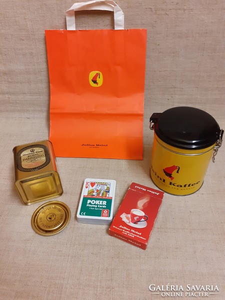 Old julius meinl record coffee box tea box paper bag and a deck of cards