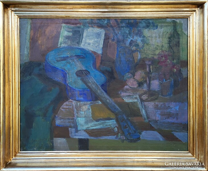 Szaniszló Dombrovszky (1928-2004) still life with guitar c. Gallery painting with original guarantee!