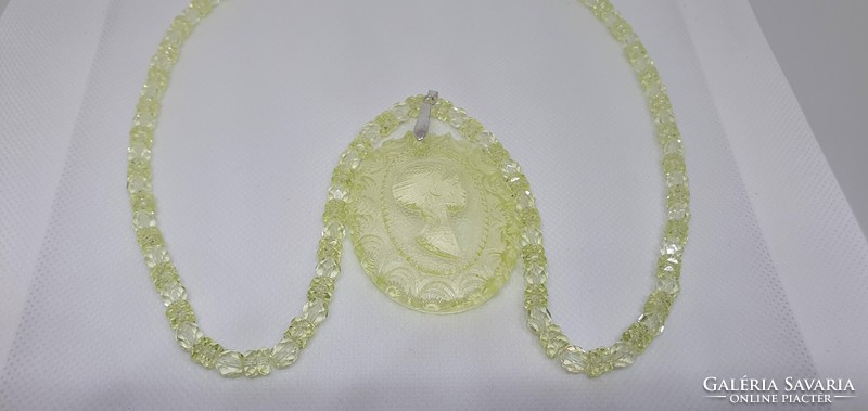 Genuine Czech Uranium Glass Necklace with Cameo Pendant #24021