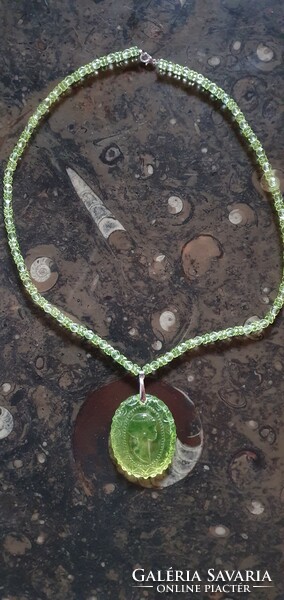 Genuine Czech Uranium Glass Necklace with Cameo Pendant #24021