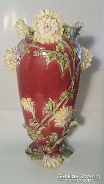 Art Nouveau majolica vase, with flower decor, large size, 33 cm