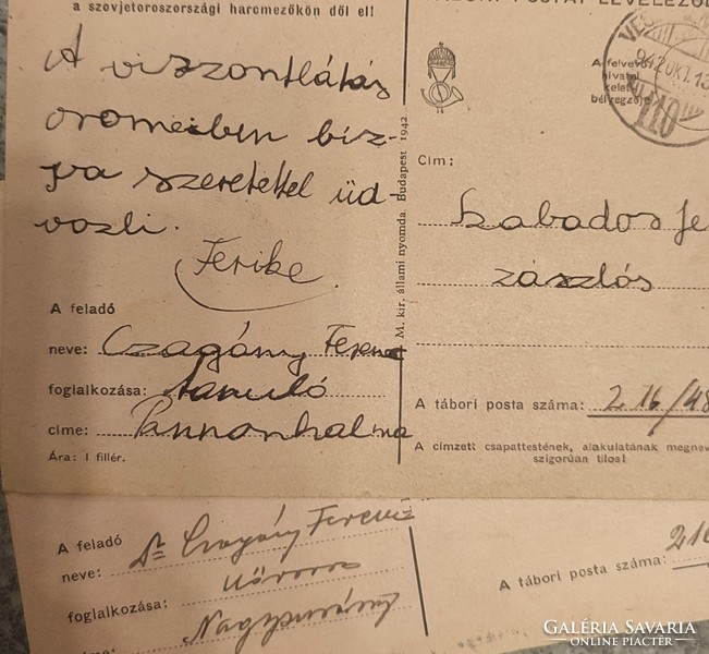 1942 Nagysurány dr. Czagány Ferenc orvos levél a frontra 2 db