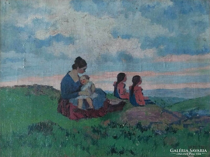 Miklós Némethy - Nagybánya landscape with twins - original, damaged frame