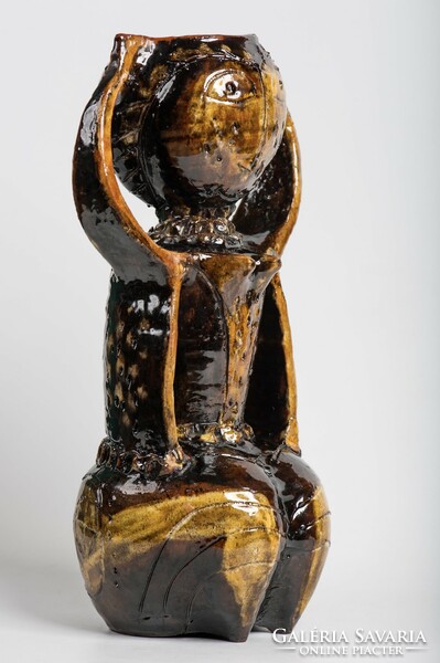 Pázmándy antal scratched glazed ceramic sculpture candle holder - 30 cm