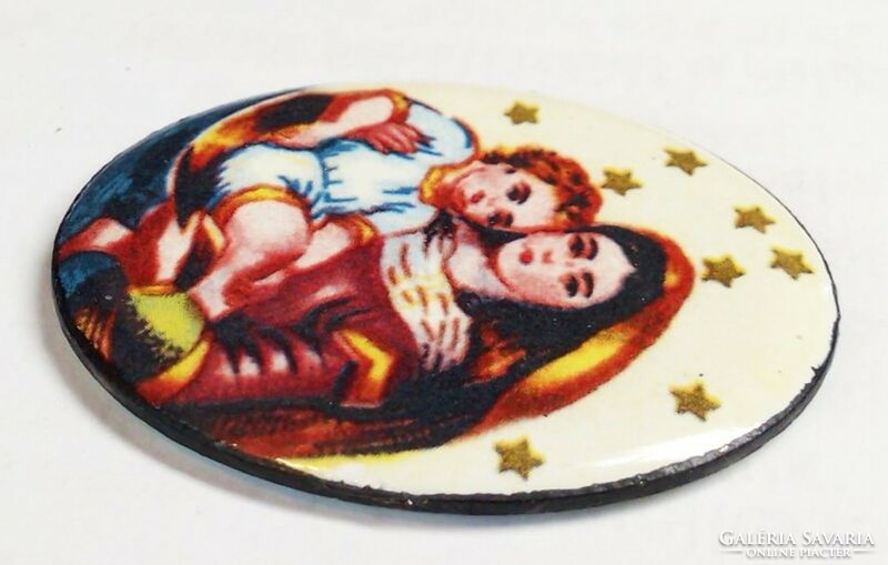 Catholic jewelry with the Madonna and baby Jesus. Fire enamel pendant. With a prayer on the back