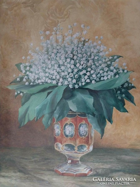 R. Reissmann. Gizella - Gyöngyvirágok - akvarell - jelzett, datált antik kép