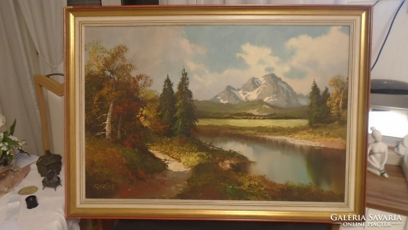 Large old signed beautiful oil canvas landscape in a thick wooden frame