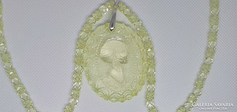 Genuine Czech Uranium Glass Necklace with Cameo Pendant #24021