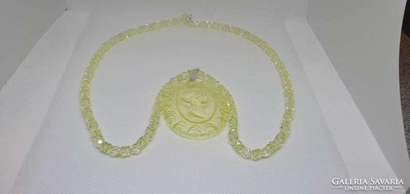 Genuine Czech Uranium Glass Necklace with Cameo Pendant #24021