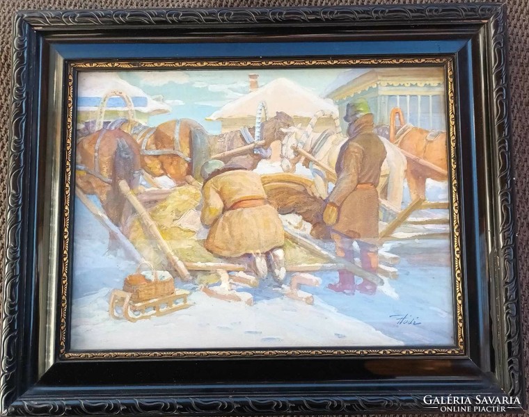 Hódi géza painting: on the road in the snow