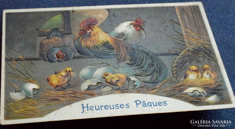 Antique embossed Easter litho greeting card - poultry farm / hen, rooster, chicks