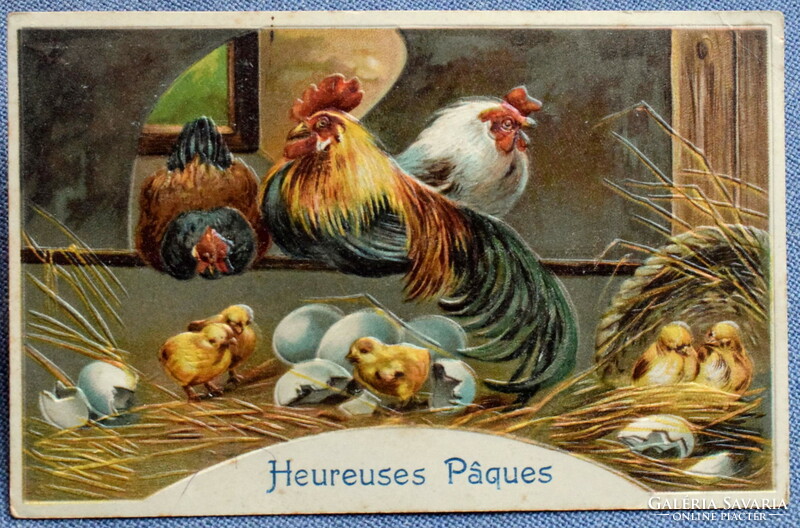 Antique embossed Easter litho greeting card - poultry farm / hen, rooster, chicks