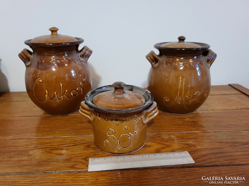 Glazed ceramic salt sugar honey holders in one