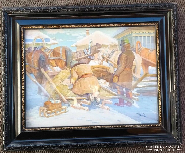 Hódi géza painting: on the road in the snow