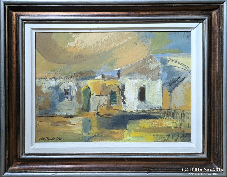 Houses (oil) marton m. Or marta m. With label - framed modern picture, 1998