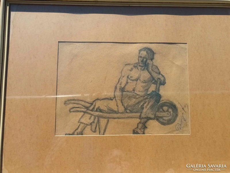 Ferenc Dinnyés: resting worker - original graphic