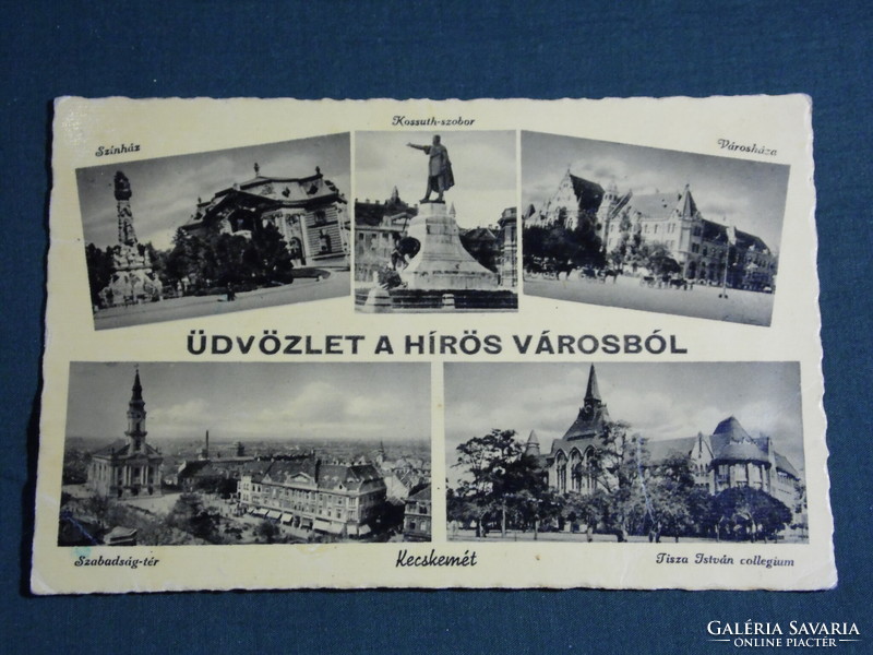 Postcard, Kecskemét, mosaic details, Kossuth square, statue, town hall, theater, dormitory, view detail