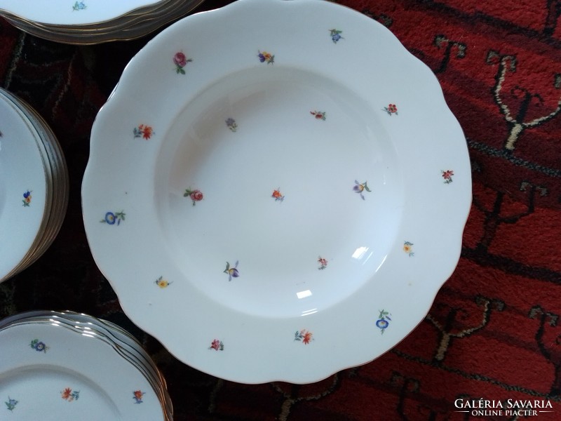 Antique old Zsolnay porcelain tableware plate set + pouring mini jam sauce floral pattern