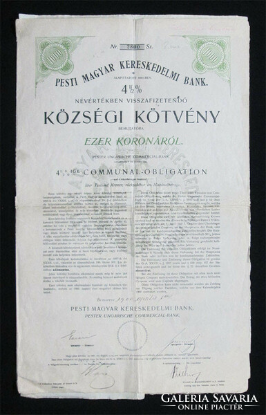 Pesti Magyar Kereskedelmi Bank községi kötvény 1000 korona 1900