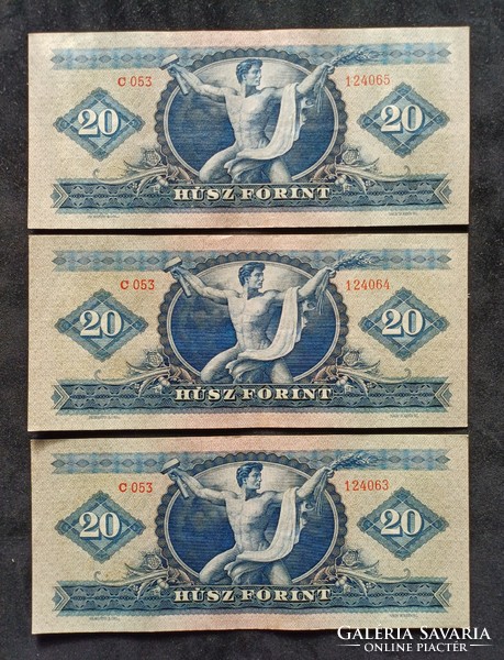 Consecutive numbered 20 forints with Rákos coat of arms from 1949 in ef-aunce hold.