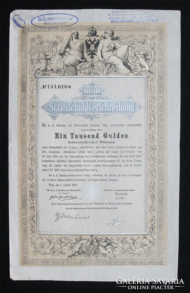 Austrian public debt bond 1000 guilders / HUF 1868 August - Vienna