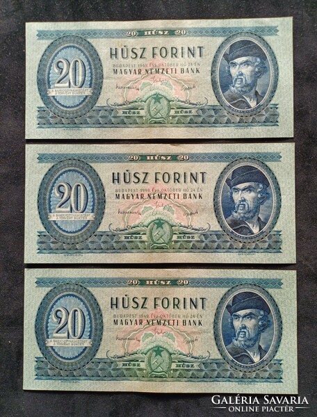 Consecutive numbered 20 forints with Rákos coat of arms from 1949 in ef-aunce hold.