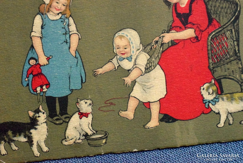 Antik grafikus művész  képeslap cica  - cicák  gyerekekkel