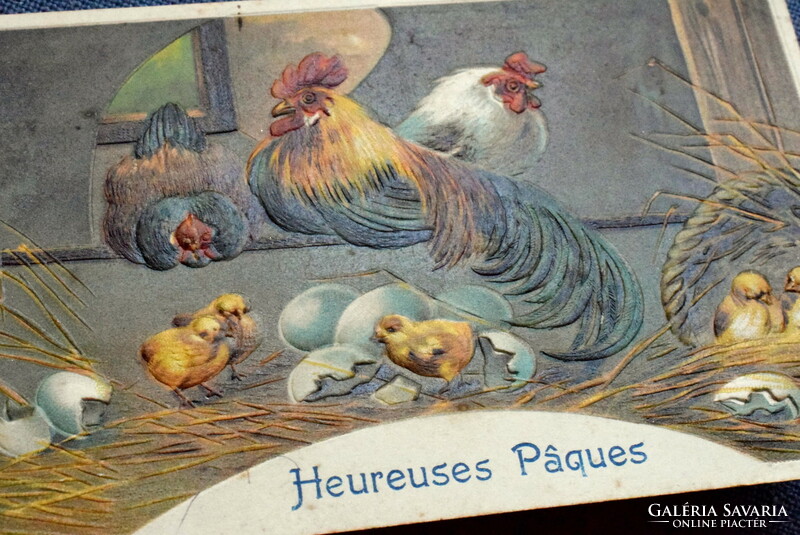 Antique embossed Easter litho greeting card - poultry farm / hen, rooster, chicks