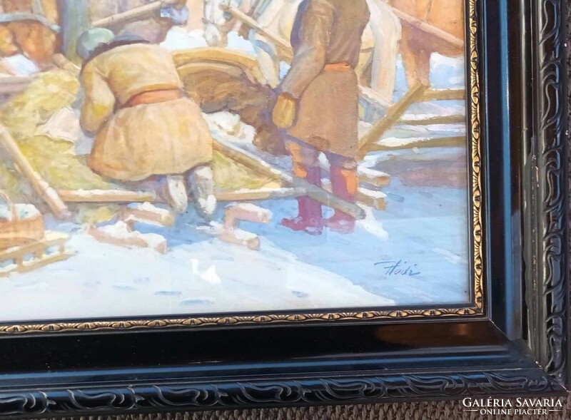 Hódi Géza festmény : Úton a hóban
