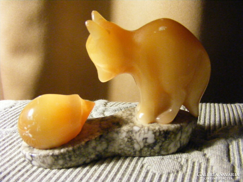 Hand-carved retro Russian selenite statue on a marble base - the hedgehog and the fox