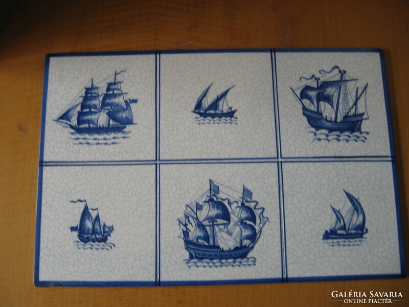 Holland kék-fehér hajó mintás porcelán csempe tábla
