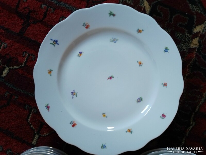 Antik régi Zsolnay porcelán étkészlet tányér készlet + kiöntő mini lekváros szószos virágminta